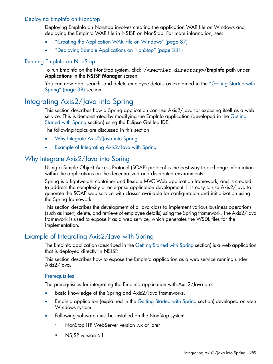 Deploying empinfo on nonstop, Running empinfo on nonstop, Integrating axis2/java into spring | Why integrate axis2/java into spring, Example of integrating axis2/java with spring | HP Integrity NonStop J-Series User Manual | Page 259 / 351