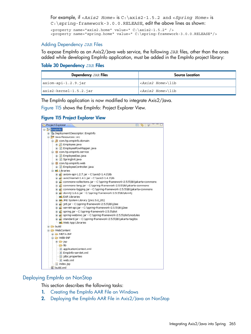 Adding dependency jar files, Deploying empinfo on nonstop | HP Integrity NonStop J-Series User Manual | Page 265 / 351