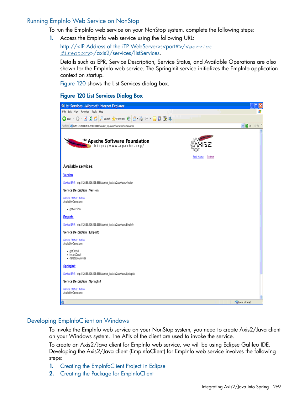 Running empinfo web service on nonstop, Developing empinfoclient on windows | HP Integrity NonStop J-Series User Manual | Page 269 / 351