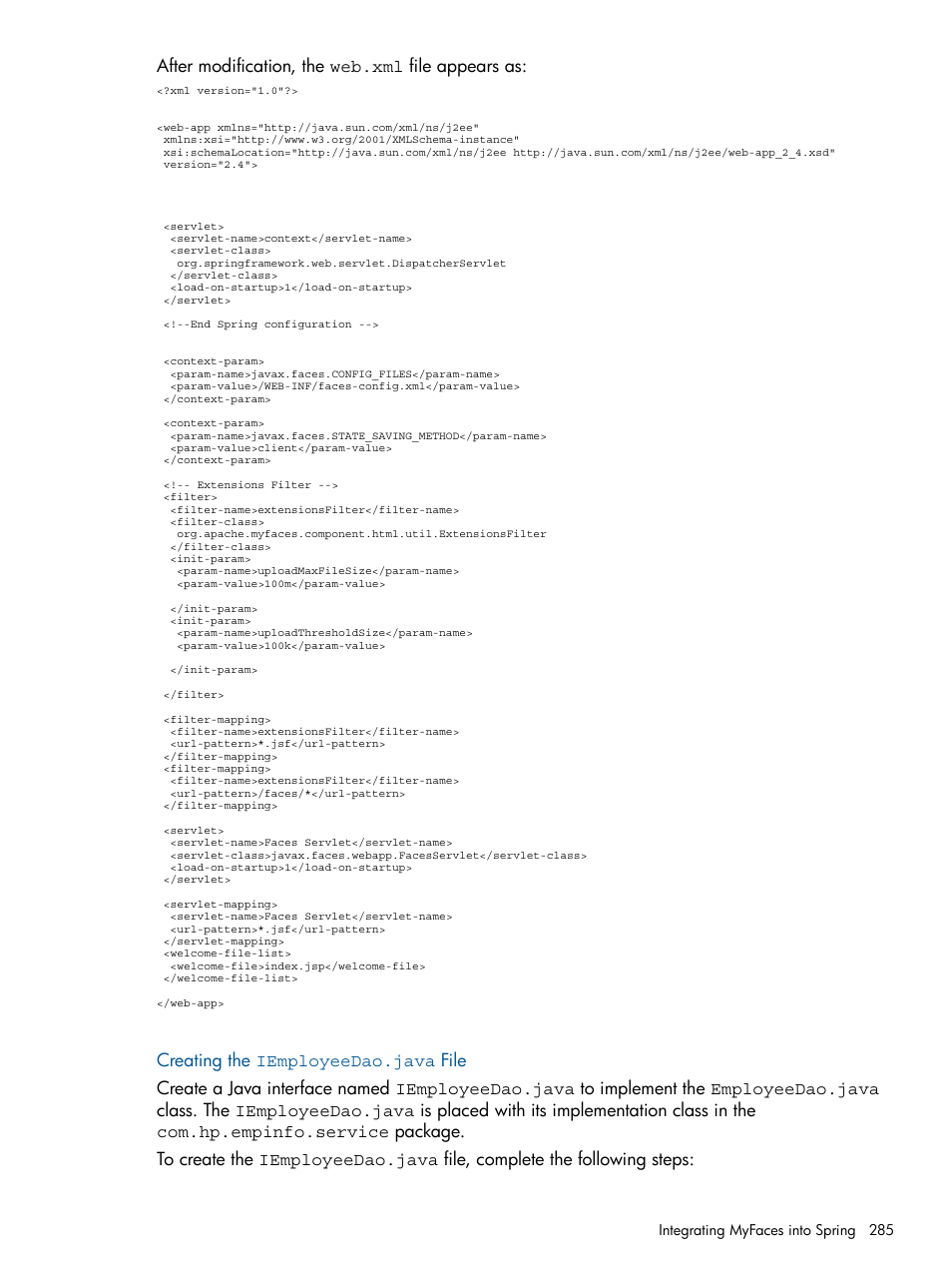 Creating the iemployeedao.java file, After modification, the web.xml file appears as | HP Integrity NonStop J-Series User Manual | Page 285 / 351