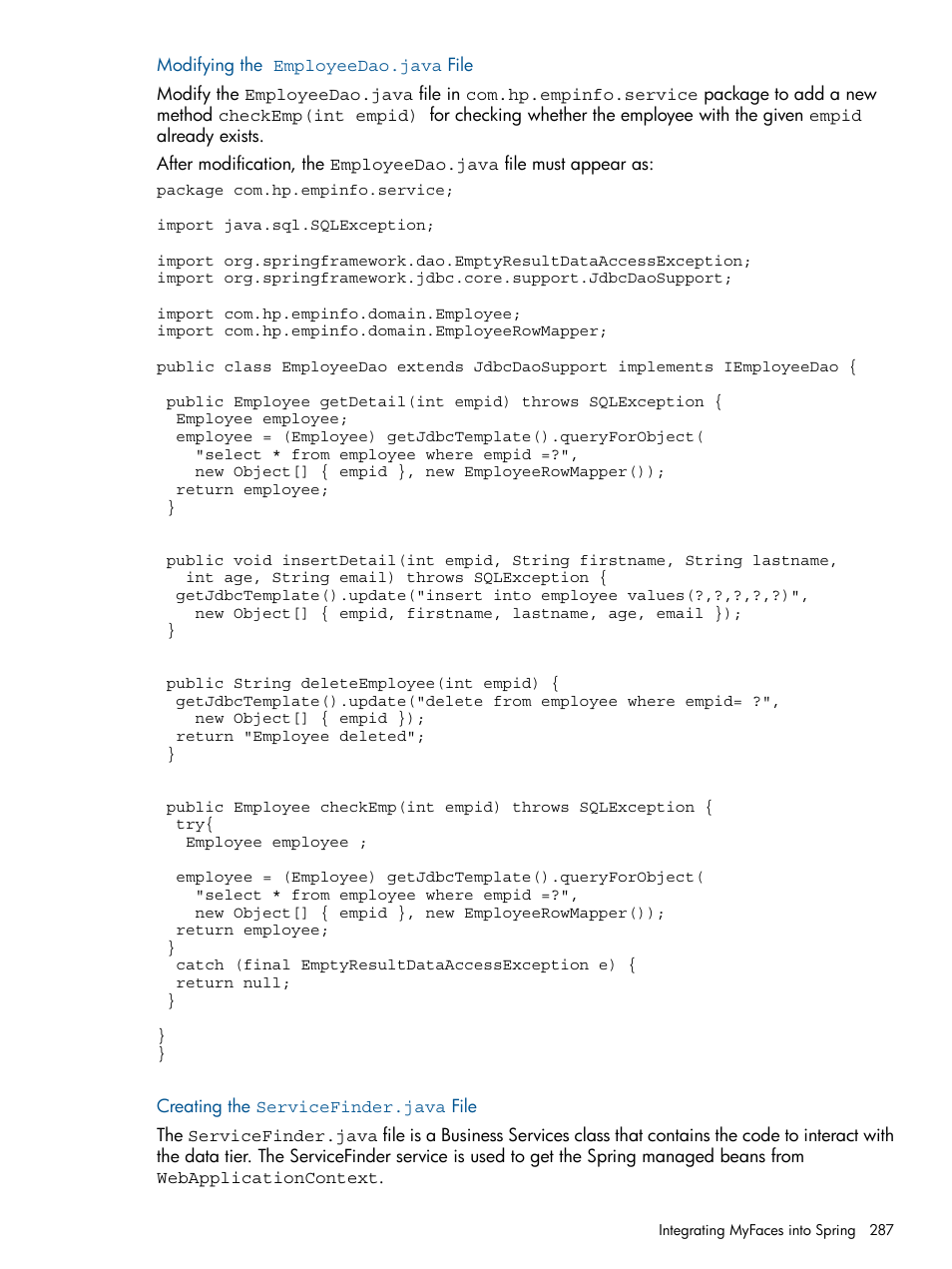Modifying the employeedao.java file, Creating the servicefinder.java file | HP Integrity NonStop J-Series User Manual | Page 287 / 351