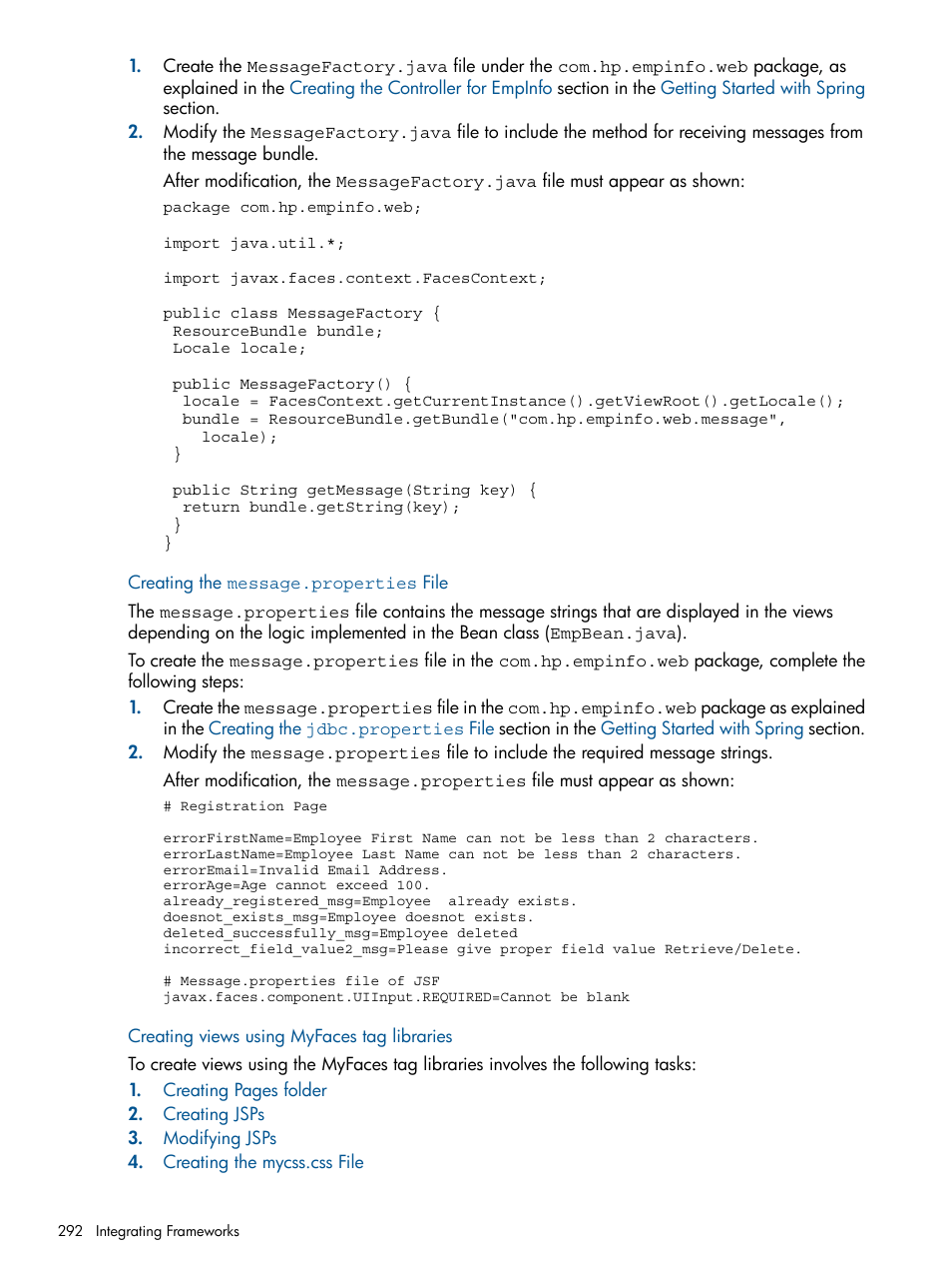 Creating the message.properties file, Creating views using myfaces tag libraries | HP Integrity NonStop J-Series User Manual | Page 292 / 351