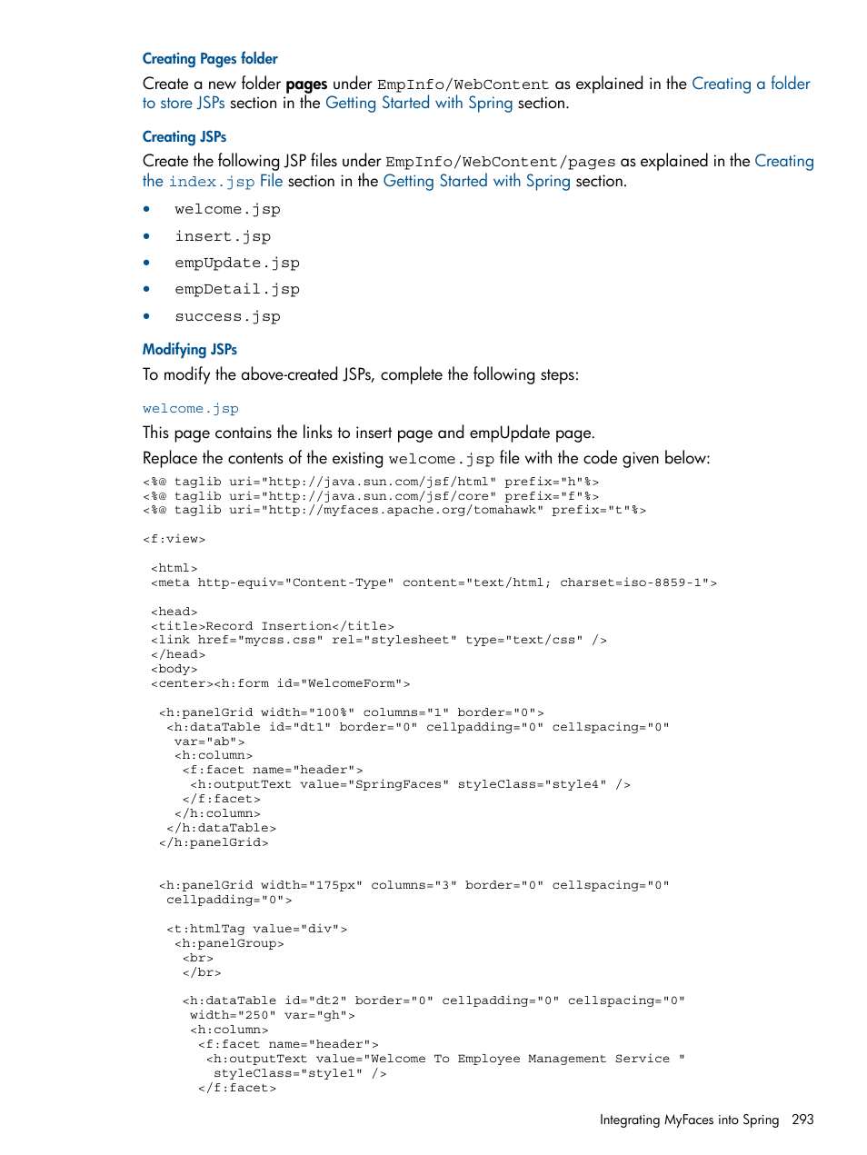 Creating jsps, Modifying jsps, Welcome.jsp | HP Integrity NonStop J-Series User Manual | Page 293 / 351