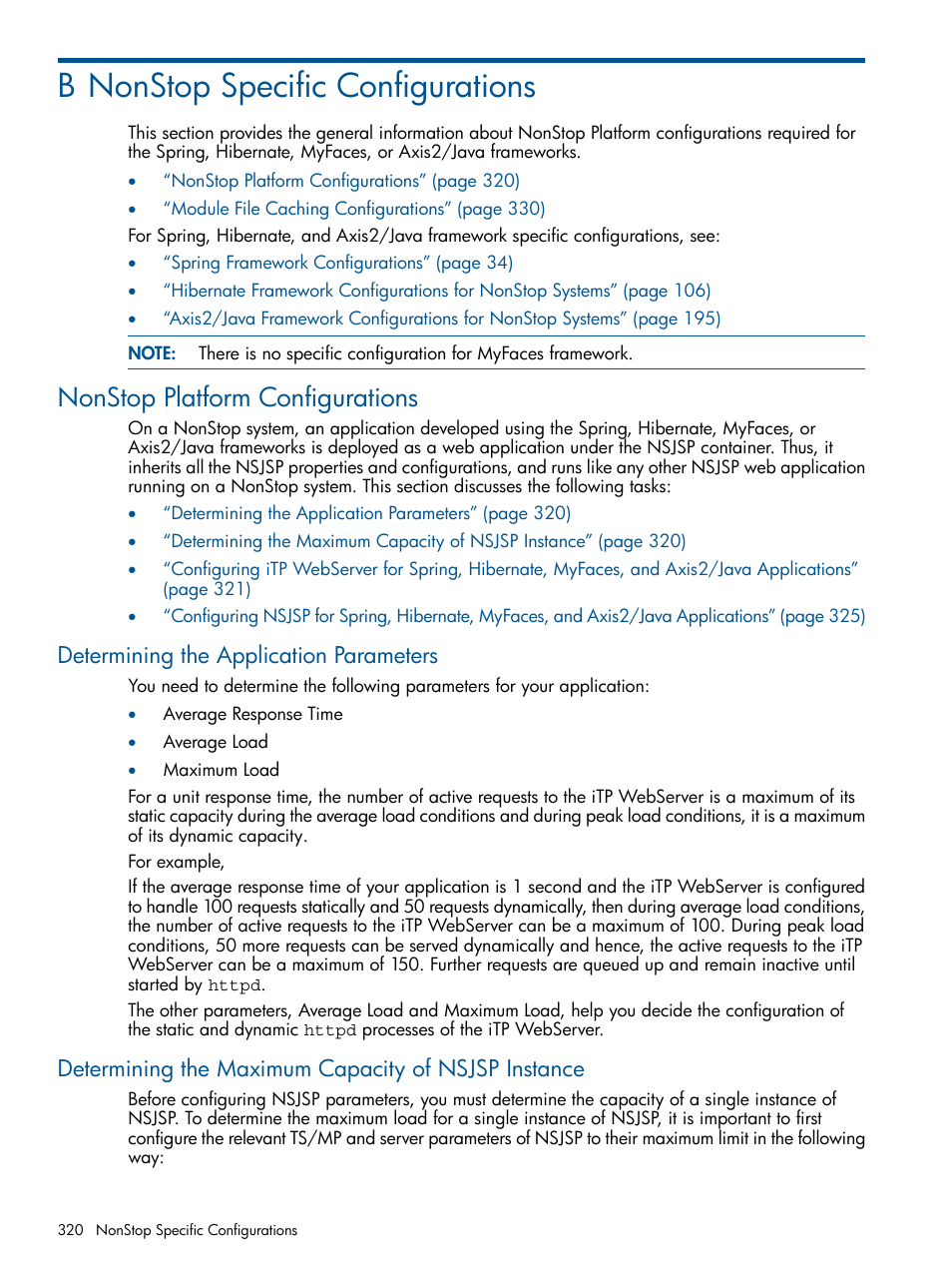 B nonstop specific configurations, Nonstop platform configurations, Determining the application parameters | Determining the maximum capacity of nsjsp instance, Appendix b: nonstop specific configurations | HP Integrity NonStop J-Series User Manual | Page 320 / 351