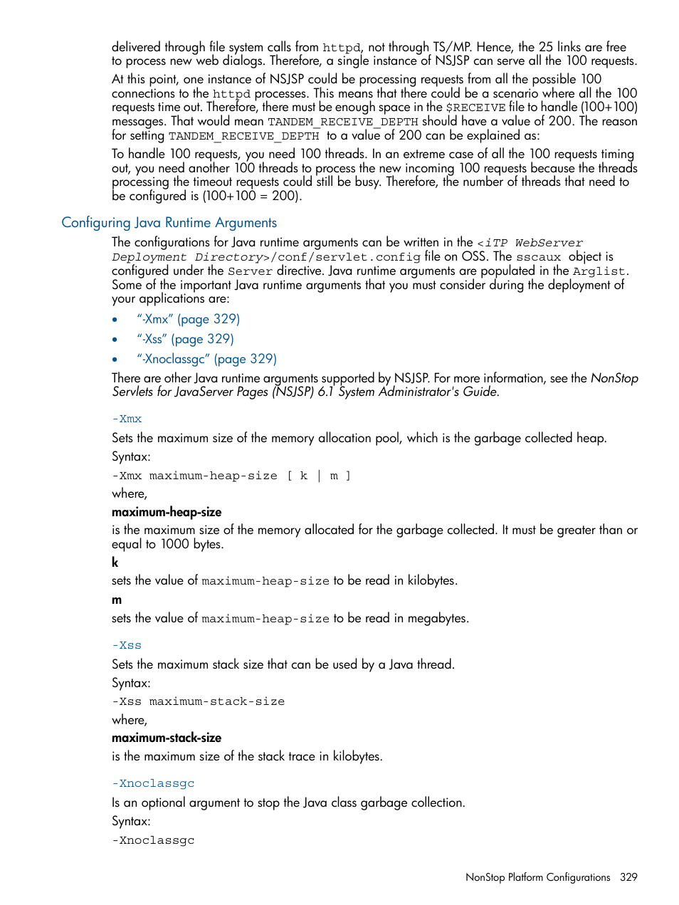 Configuring java runtime arguments, Xnoclassgc | HP Integrity NonStop J-Series User Manual | Page 329 / 351