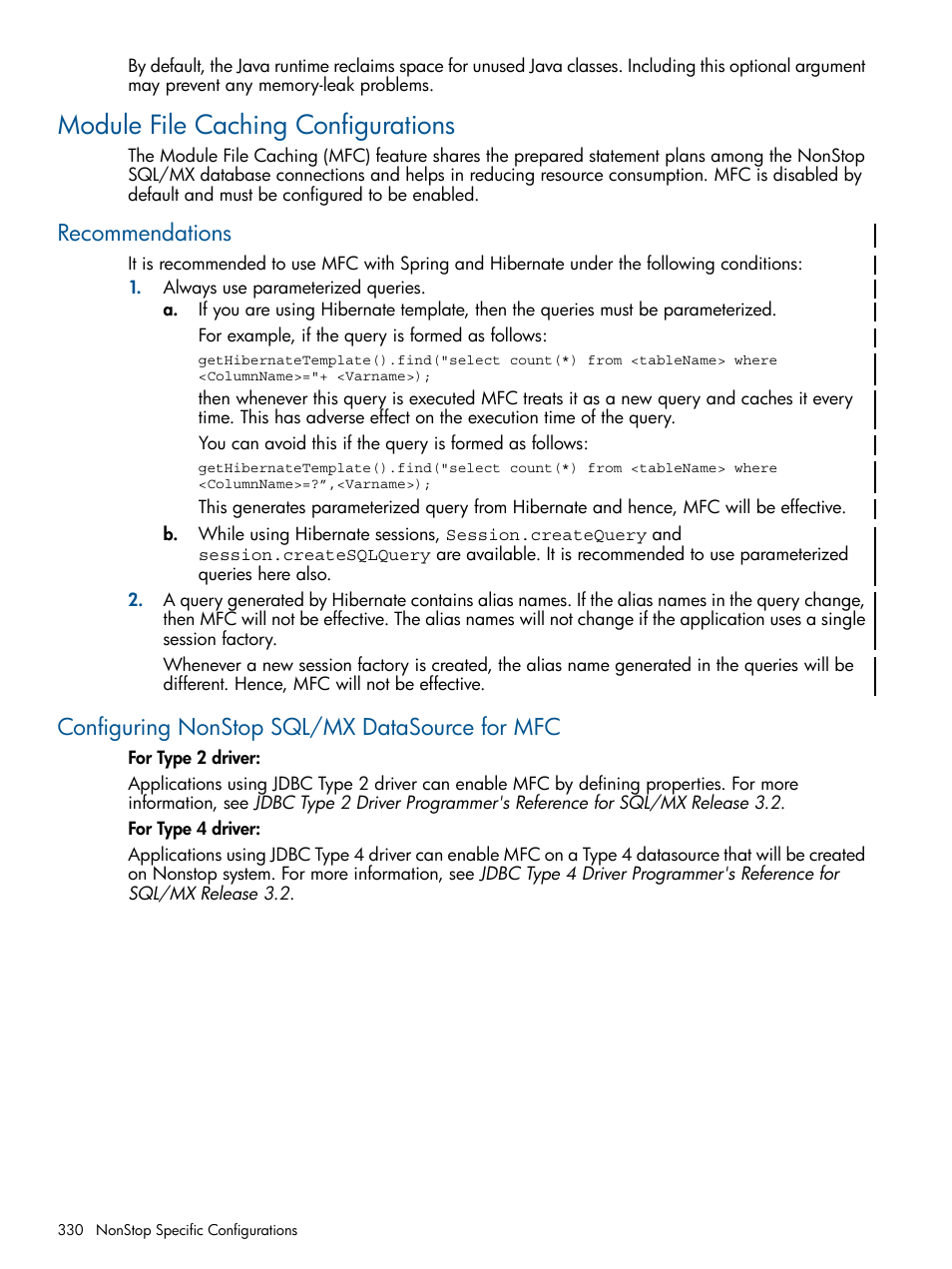 Module file caching configurations, Recommendations, Configuring nonstop sql/mx datasource for mfc | HP Integrity NonStop J-Series User Manual | Page 330 / 351