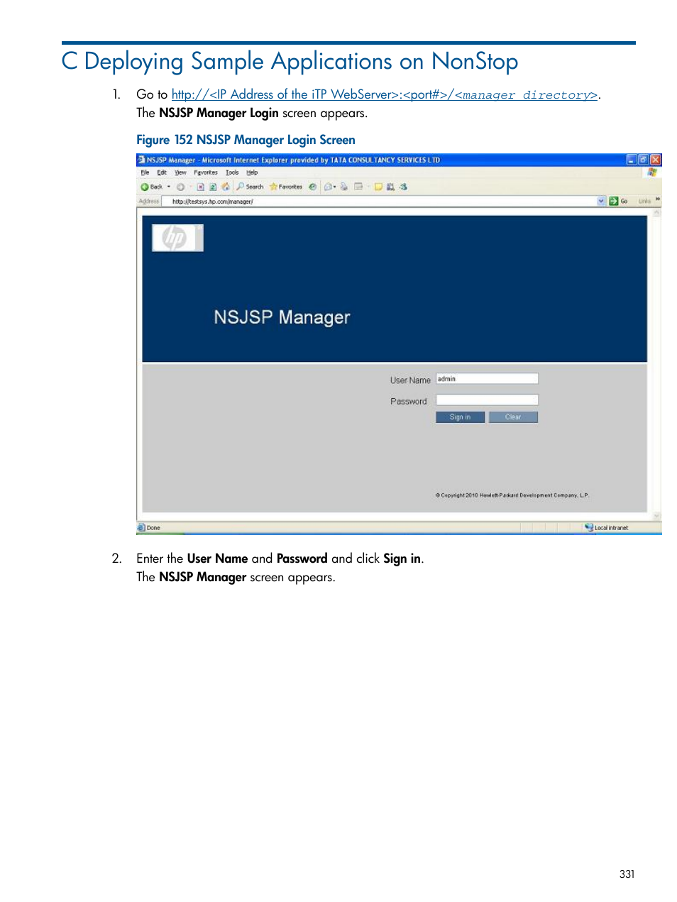 C deploying sample applications on nonstop, Deploying sample, Deploying | Deploying sample applications | HP Integrity NonStop J-Series User Manual | Page 331 / 351