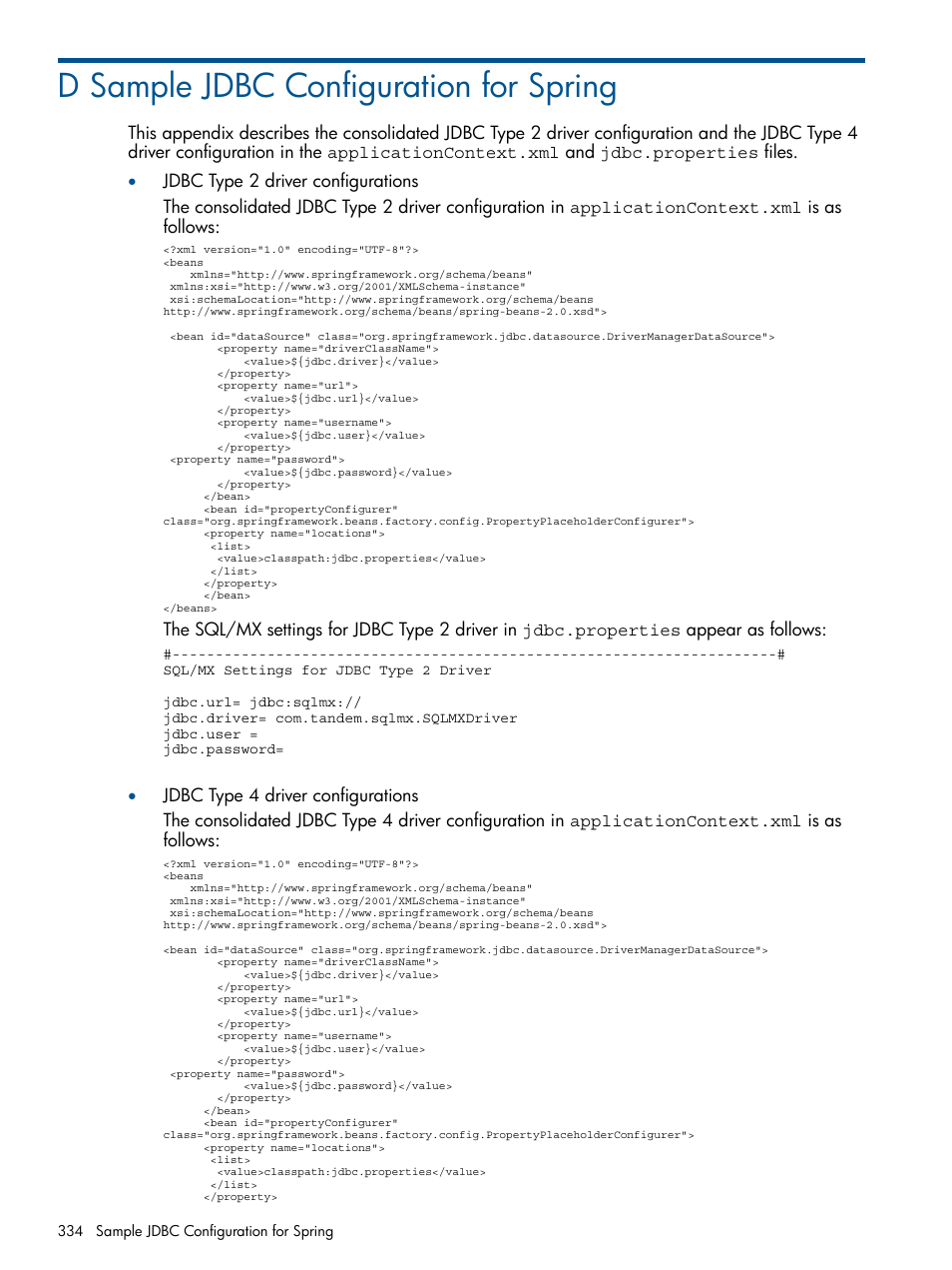 D sample jdbc configuration for spring, Appendix d: sample jdbc configuration for spring, Sample jdbc configuration for | HP Integrity NonStop J-Series User Manual | Page 334 / 351