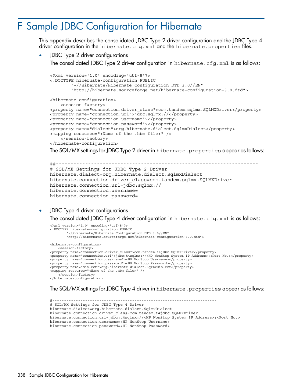 F sample jdbc configuration for hibernate, Sample jdbc | HP Integrity NonStop J-Series User Manual | Page 338 / 351
