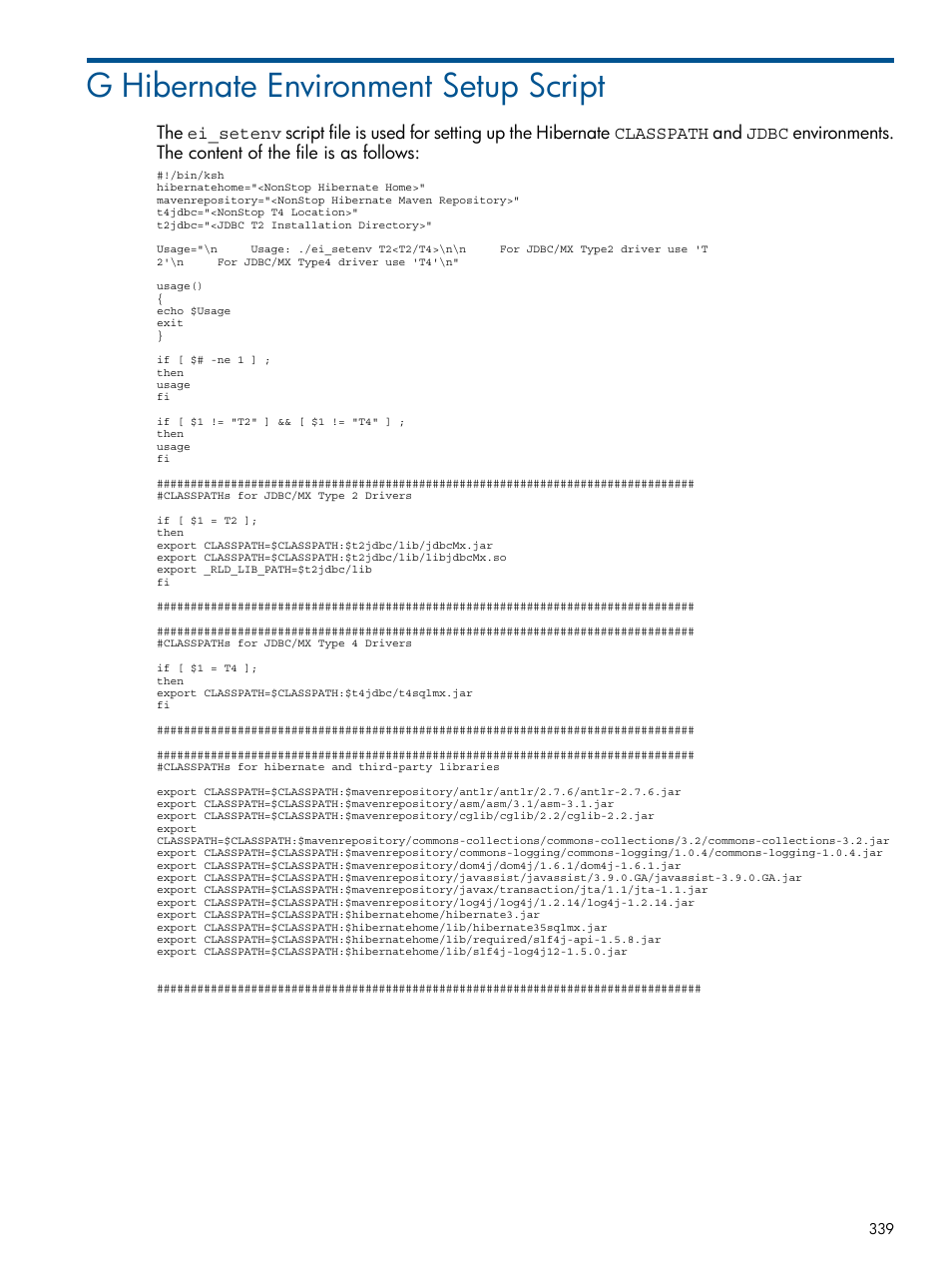 G hibernate environment setup script, Appendix g: hibernate environment setup script | HP Integrity NonStop J-Series User Manual | Page 339 / 351