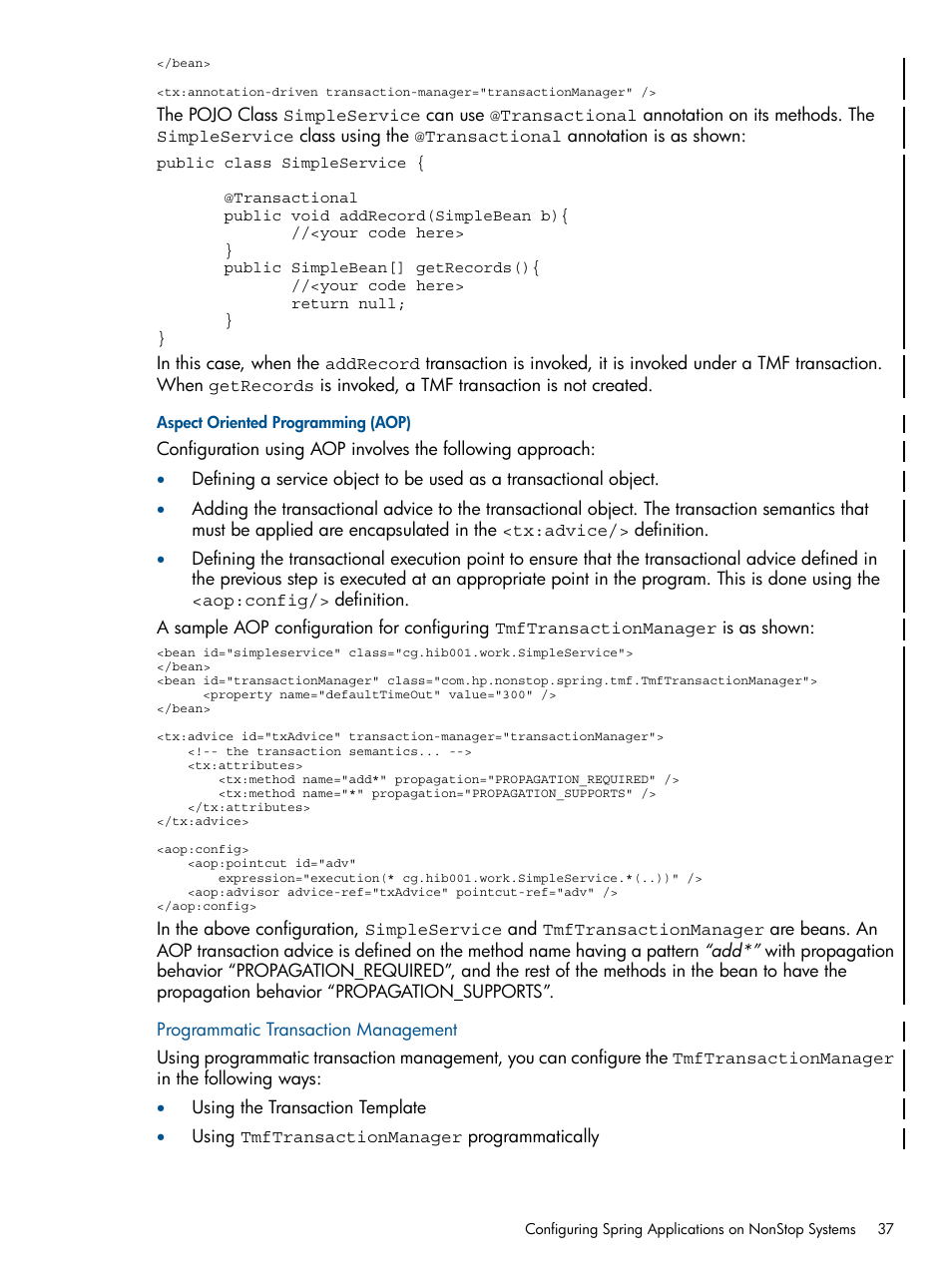 Aspect oriented programming (aop), Programmatic transaction management | HP Integrity NonStop J-Series User Manual | Page 37 / 351