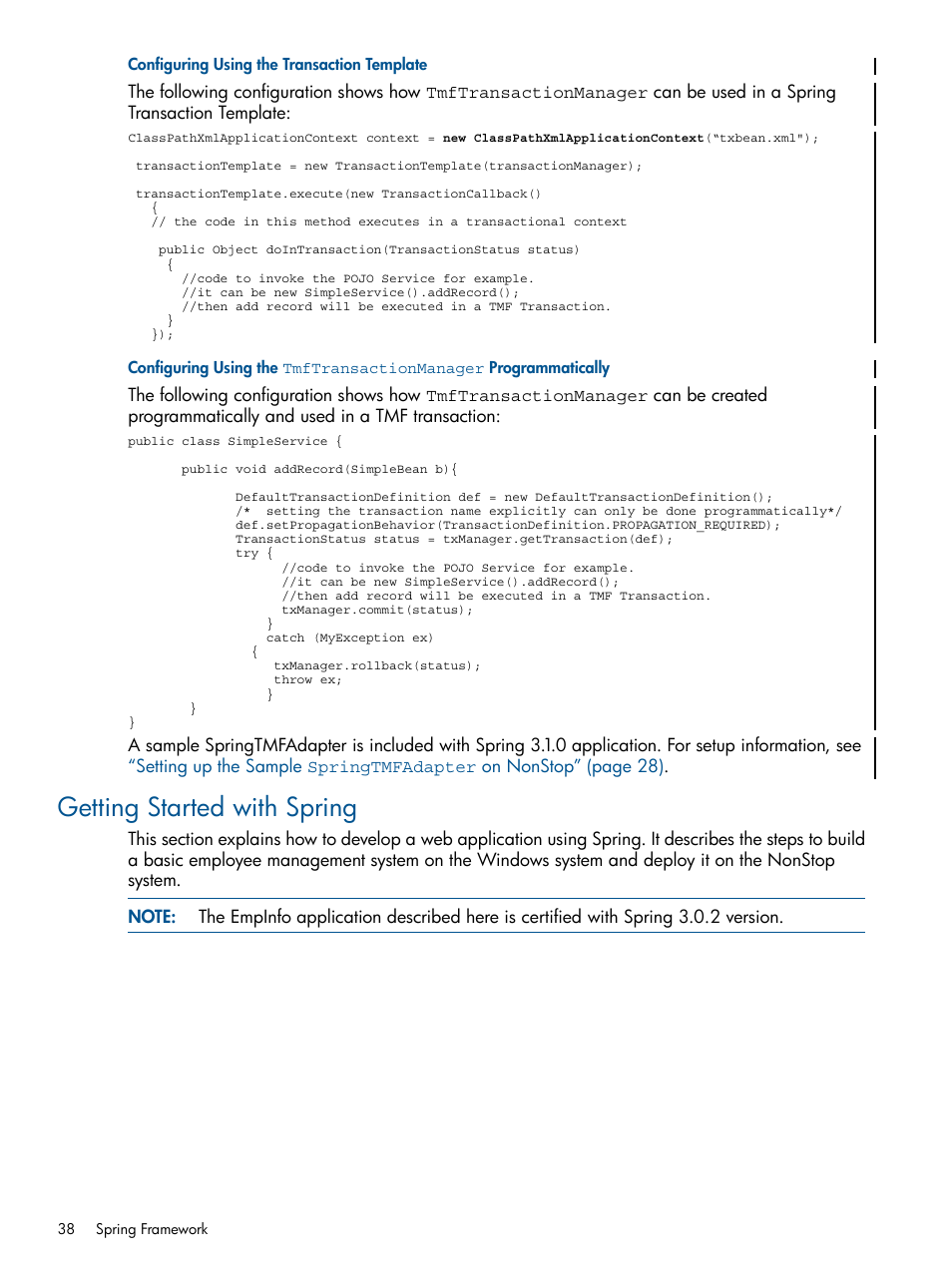 Configuring using the transaction template, Getting started with spring | HP Integrity NonStop J-Series User Manual | Page 38 / 351