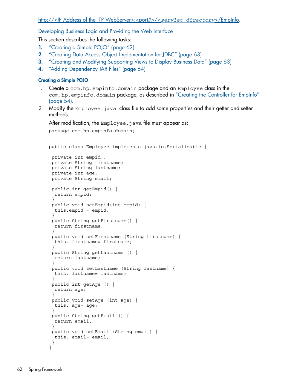 Creating a simple pojo, Developing business | HP Integrity NonStop J-Series User Manual | Page 62 / 351