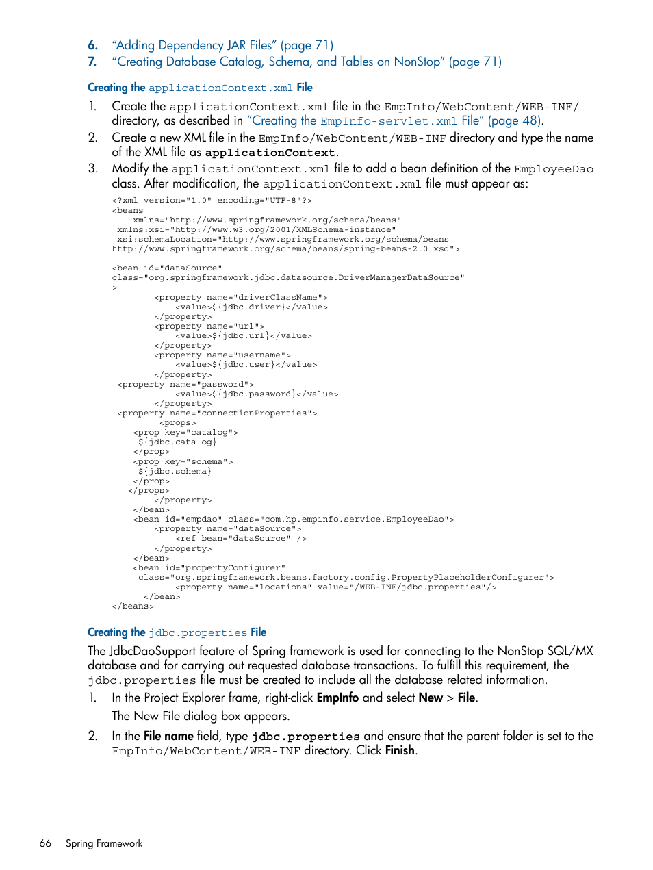 Creating the applicationcontext.xml file, Creating the jdbc.properties file | HP Integrity NonStop J-Series User Manual | Page 66 / 351