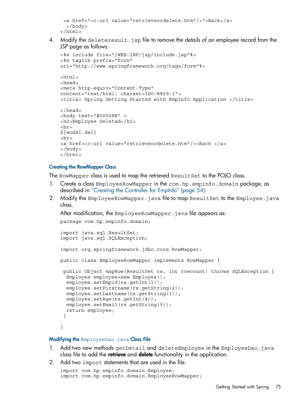 Creating the rowmapper class, Modifying the employeedao.java class file | HP Integrity NonStop J-Series User Manual | Page 75 / 351