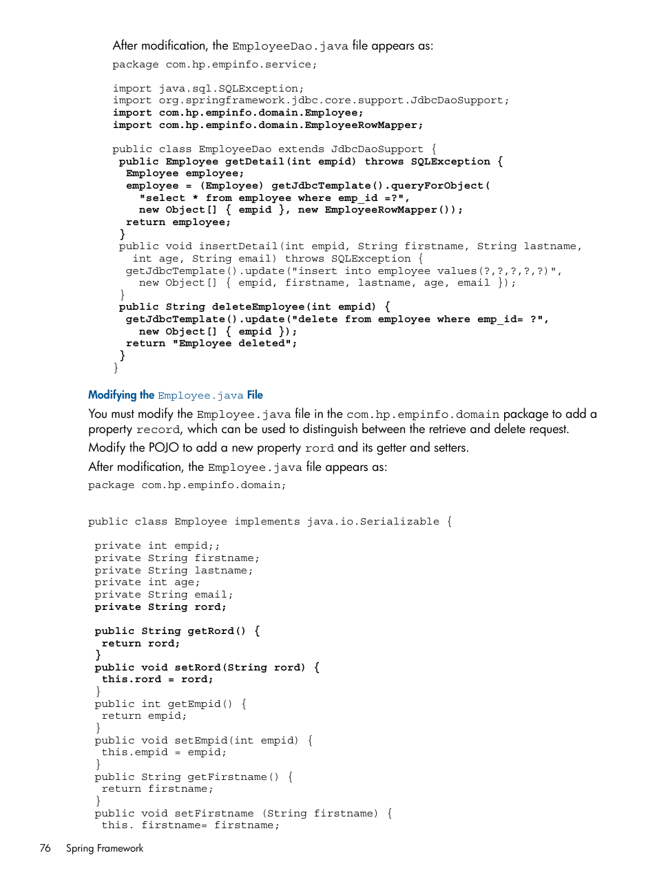 Modifying the employee.java file | HP Integrity NonStop J-Series User Manual | Page 76 / 351