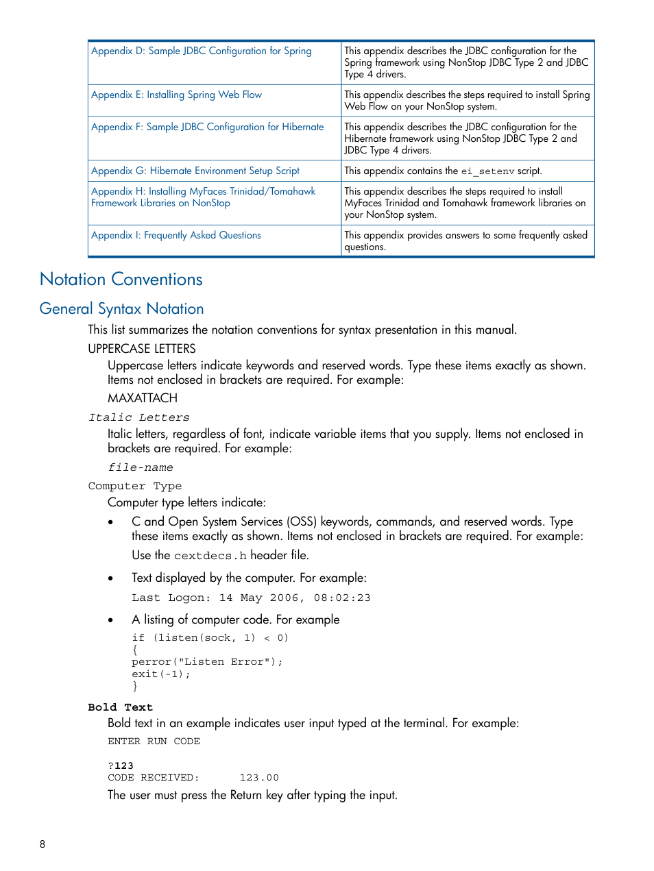 Notation conventions, General syntax notation | HP Integrity NonStop J-Series User Manual | Page 8 / 351