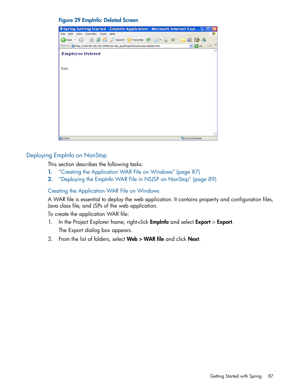 Deploying empinfo on nonstop, Creating the application war file on windows, Deploying empinfo on | HP Integrity NonStop J-Series User Manual | Page 87 / 351