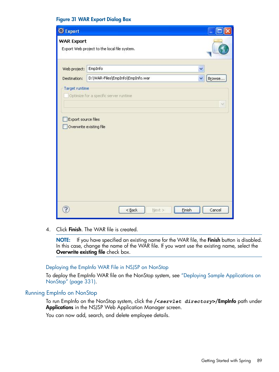 Deploying the empinfo war file in nsjsp on nonstop, Running empinfo on nonstop | HP Integrity NonStop J-Series User Manual | Page 89 / 351