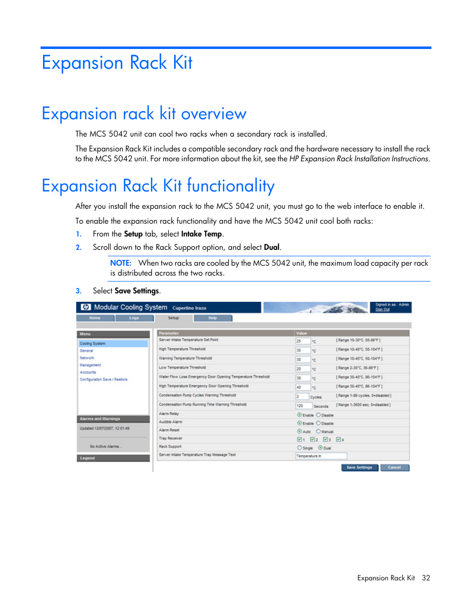 Expansion rack kit, Expansion rack kit overview, Expansion rack kit functionality | HP Modular Cooling System User Manual | Page 32 / 80