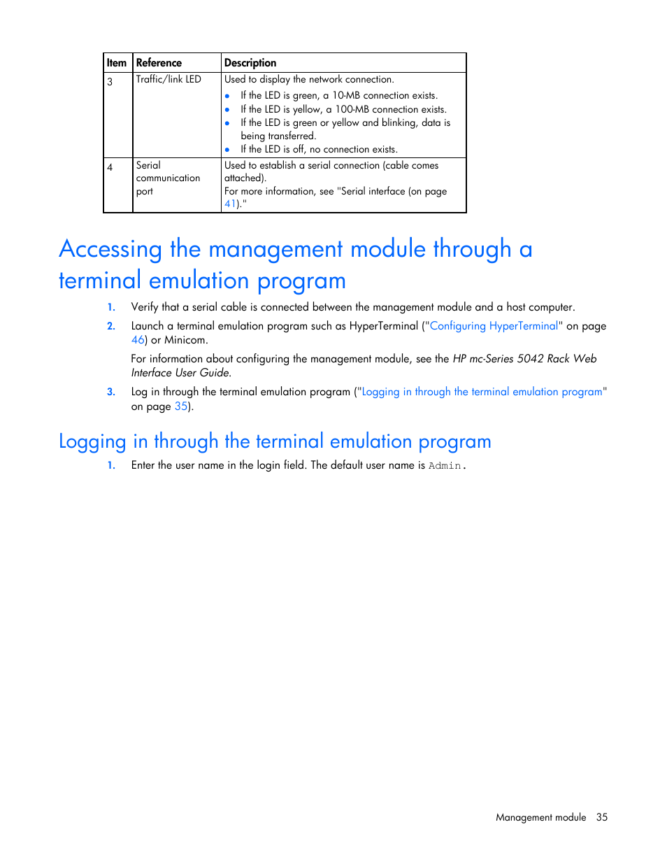 Logging in through the terminal emulation program | HP Modular Cooling System User Manual | Page 35 / 80