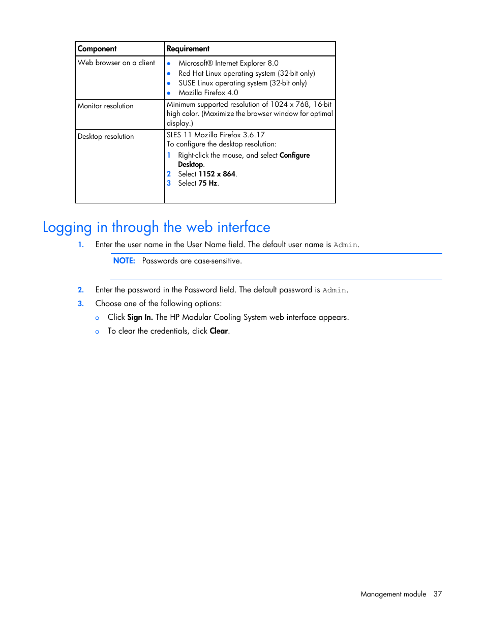 Logging in through the web interface | HP Modular Cooling System User Manual | Page 37 / 80