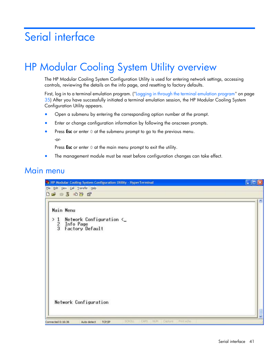 Serial interface, Hp modular cooling system utility overview, Main menu | HP Modular Cooling System User Manual | Page 41 / 80