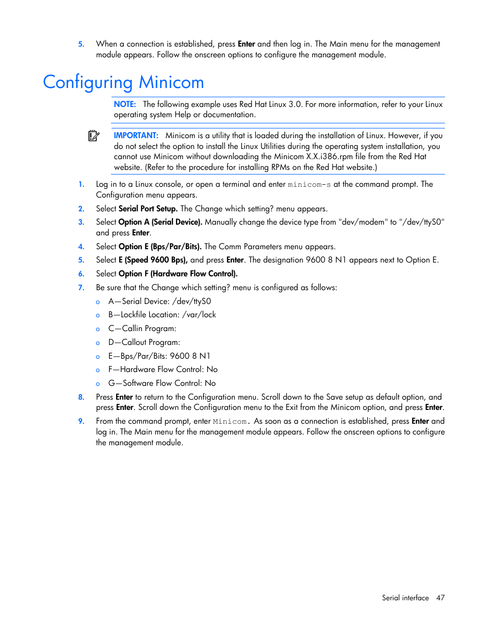 Configuring minicom | HP Modular Cooling System User Manual | Page 47 / 80