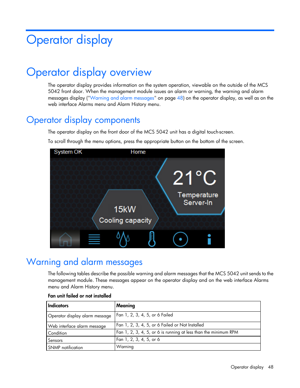 Operator display, Operator display overview, Operator display components | Warning and alarm messages | HP Modular Cooling System User Manual | Page 48 / 80