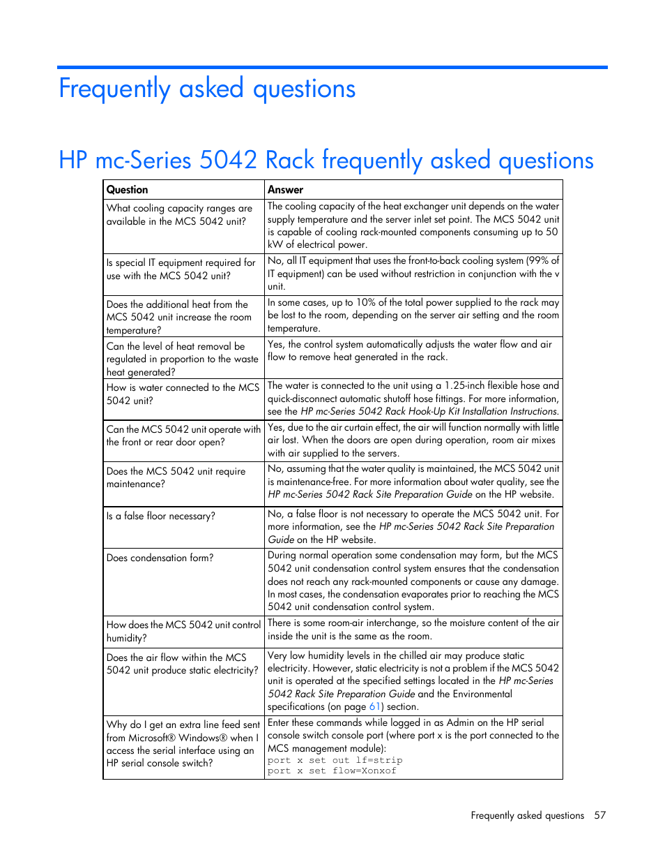Frequently asked questions, Hp mc-series 5042 rack frequently asked questions | HP Modular Cooling System User Manual | Page 57 / 80