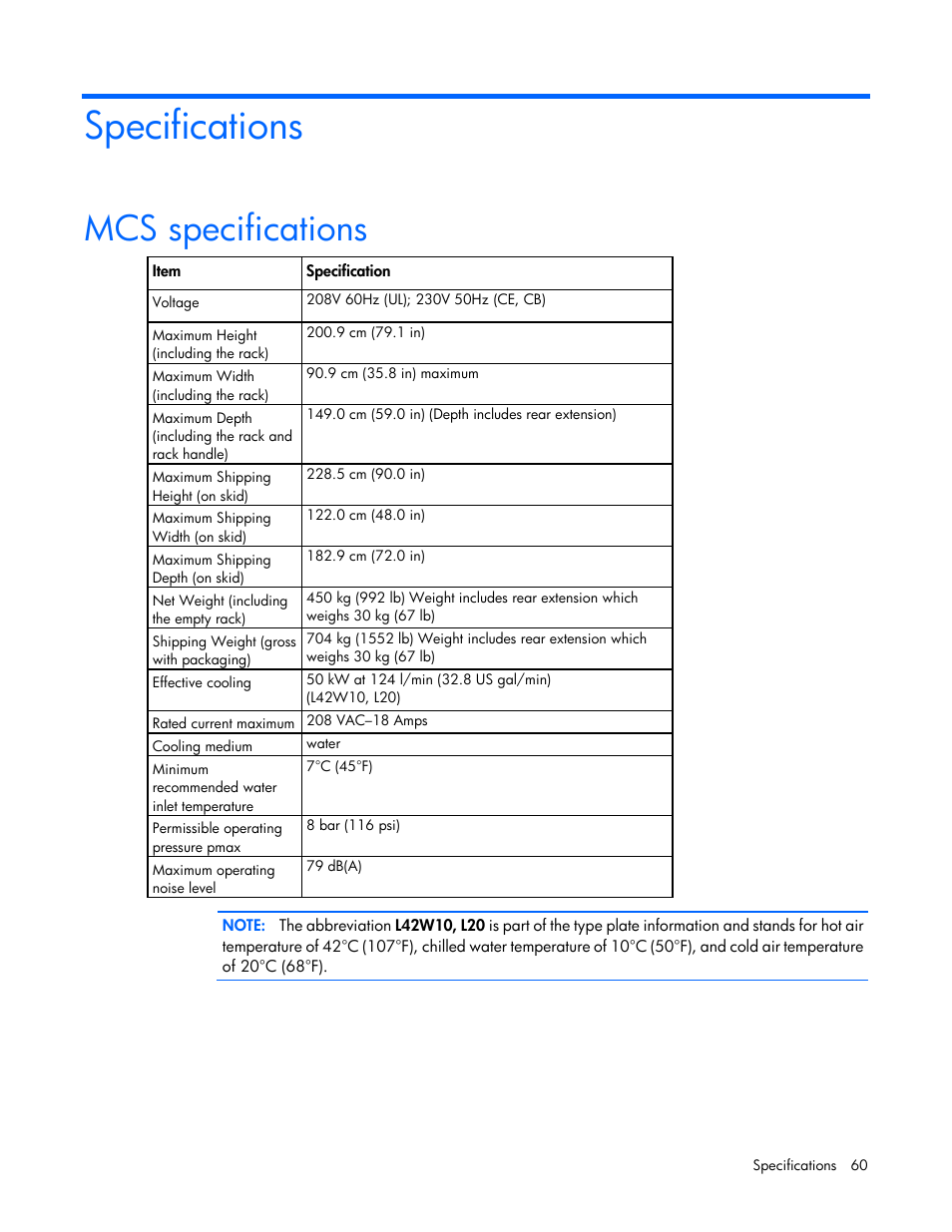 Specifications, Mcs specifications | HP Modular Cooling System User Manual | Page 60 / 80