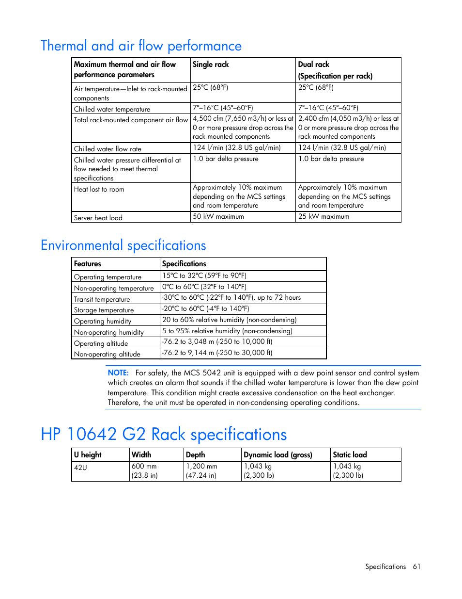 Thermal and air flow performance, Environmental specifications, Hp 10642 g2 rack specifications | HP Modular Cooling System User Manual | Page 61 / 80