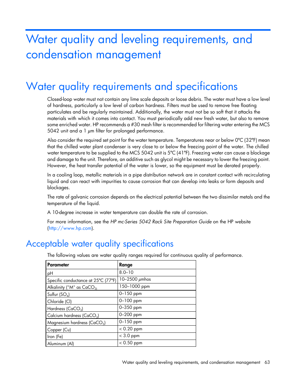 Water quality requirements and specifications, Acceptable water quality specifications | HP Modular Cooling System User Manual | Page 63 / 80