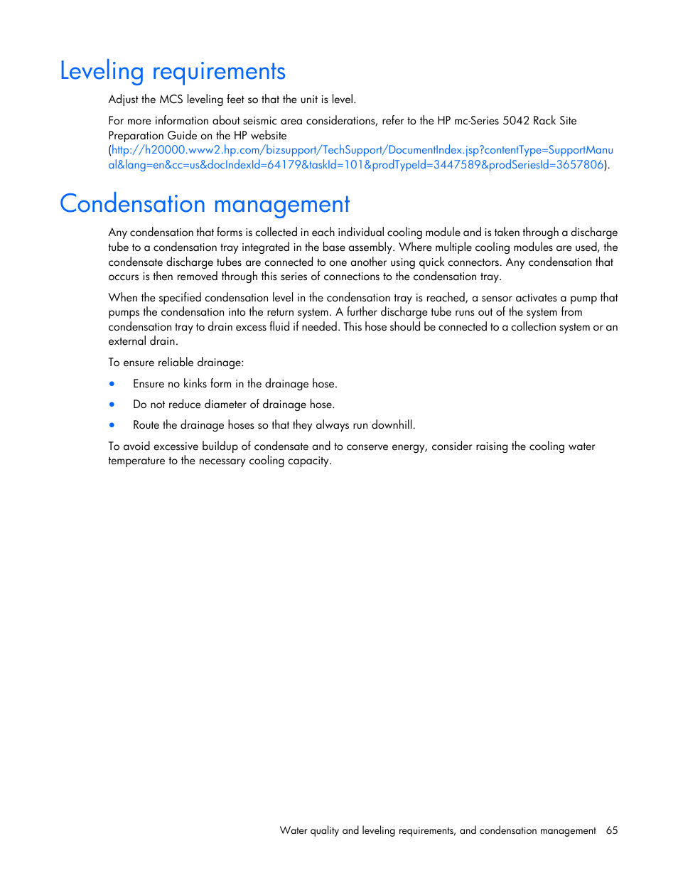 Leveling requirements, Condensation management | HP Modular Cooling System User Manual | Page 65 / 80