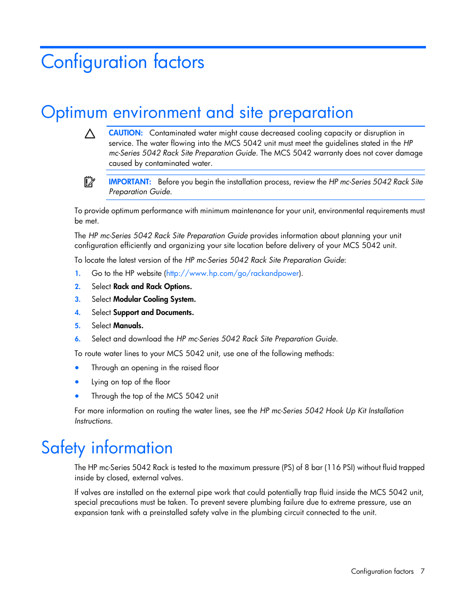 Configuration factors, Optimum environment and site preparation, Safety information | HP Modular Cooling System User Manual | Page 7 / 80