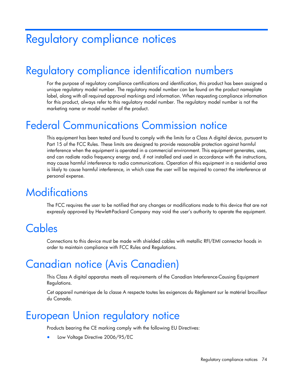 Regulatory compliance notices, Regulatory compliance identification numbers, Federal communications commission notice | Modifications, Cables, Canadian notice (avis canadien), European union regulatory notice | HP Modular Cooling System User Manual | Page 74 / 80