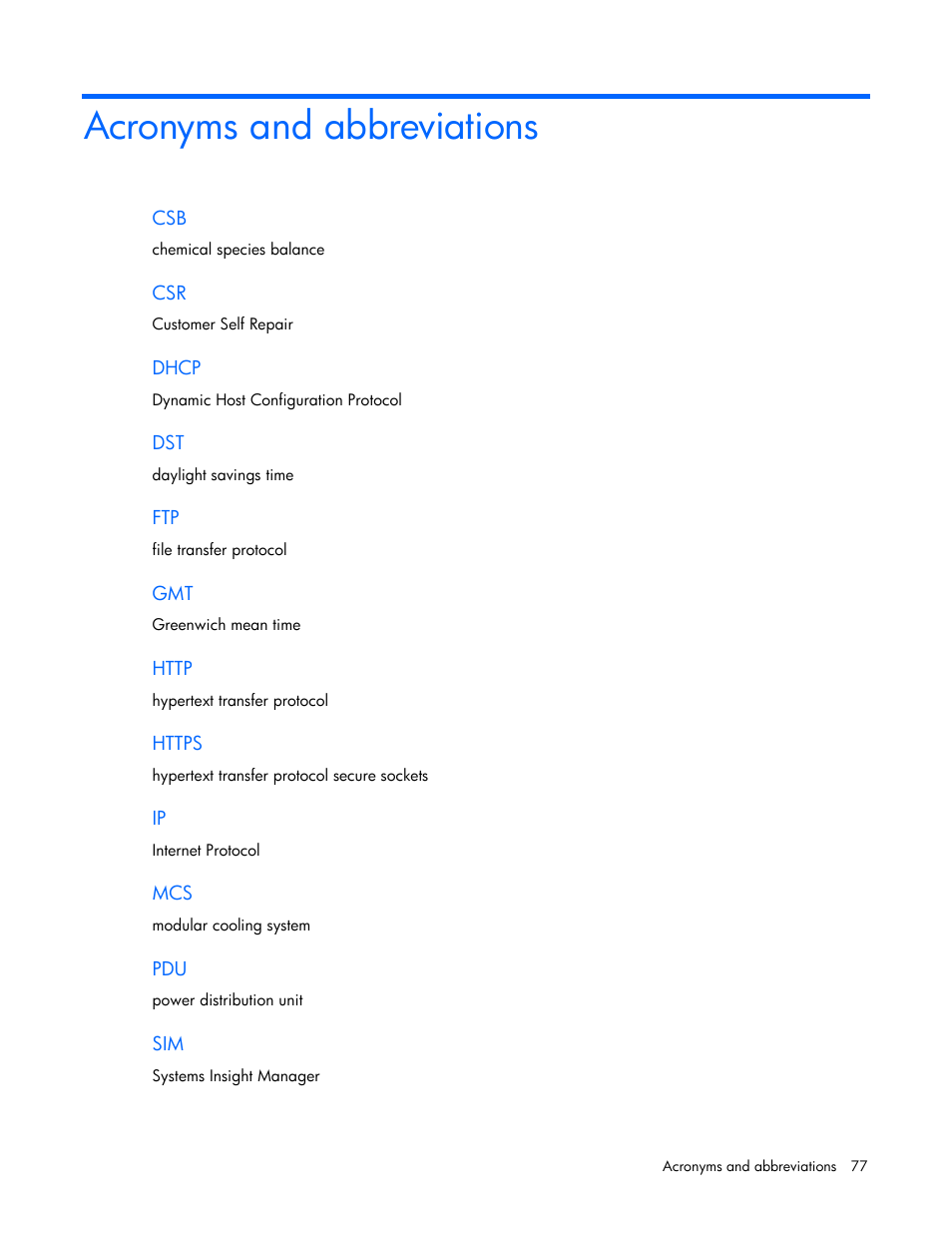 Acronyms and abbreviations | HP Modular Cooling System User Manual | Page 77 / 80