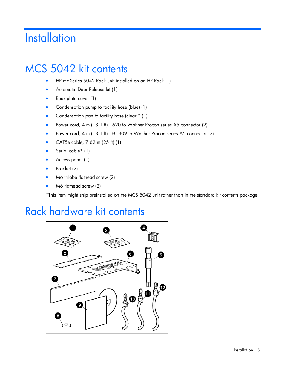 Installation, Mcs 5042 kit contents, Rack hardware kit contents | HP Modular Cooling System User Manual | Page 8 / 80