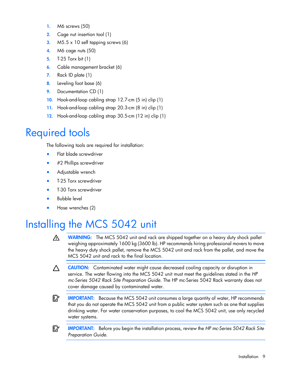 Required tools, Installing the mcs 5042 unit | HP Modular Cooling System User Manual | Page 9 / 80