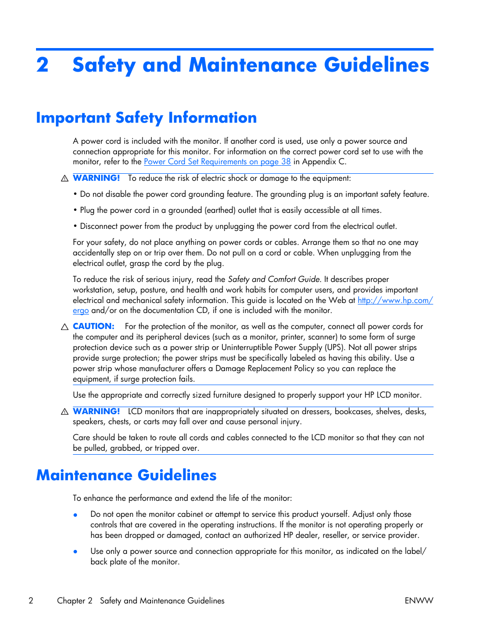 Safety and maintenance guidelines, Important safety information, Maintenance guidelines | 2 safety and maintenance guidelines | HP LE2001w 20-inch Widescreen LCD Monitor User Manual | Page 10 / 50