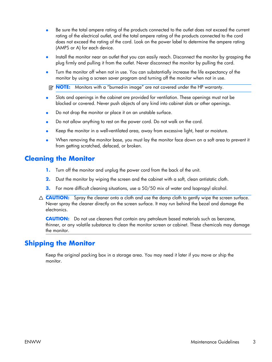 Cleaning the monitor, Shipping the monitor, Cleaning the monitor shipping the monitor | HP LE2001w 20-inch Widescreen LCD Monitor User Manual | Page 11 / 50