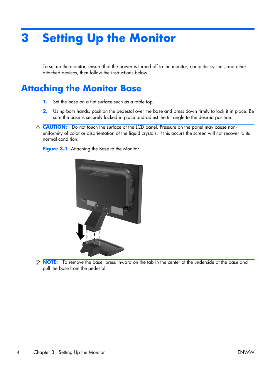 Setting up the monitor, Attaching the monitor base, 3 setting up the monitor | HP LE2001w 20-inch Widescreen LCD Monitor User Manual | Page 12 / 50