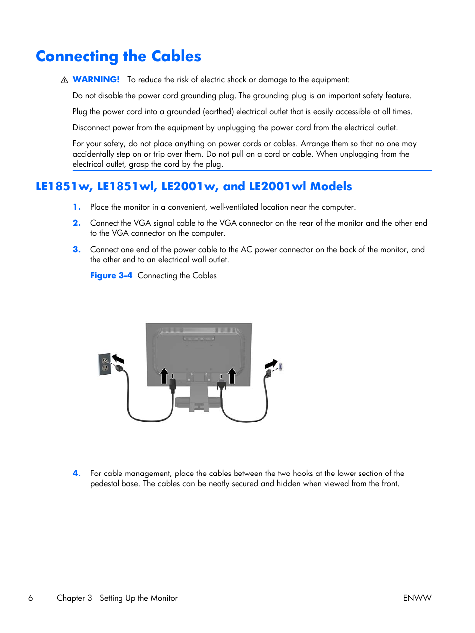 Connecting the cables, Le1851w, le1851wl, le2001w, and le2001wl models | HP LE2001w 20-inch Widescreen LCD Monitor User Manual | Page 14 / 50