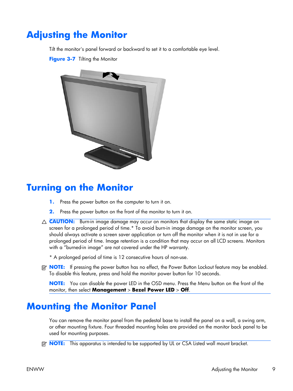 Adjusting the monitor, Turning on the monitor, Mounting the monitor panel | HP LE2001w 20-inch Widescreen LCD Monitor User Manual | Page 17 / 50