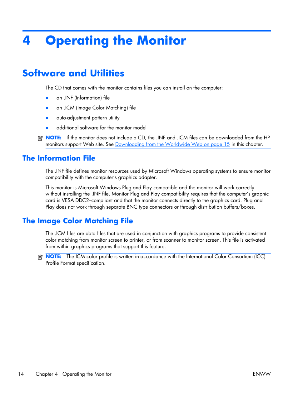 Operating the monitor, Software and utilities, The information file | The image color matching file, 4 operating the monitor, The information file the image color matching file | HP LE2001w 20-inch Widescreen LCD Monitor User Manual | Page 22 / 50