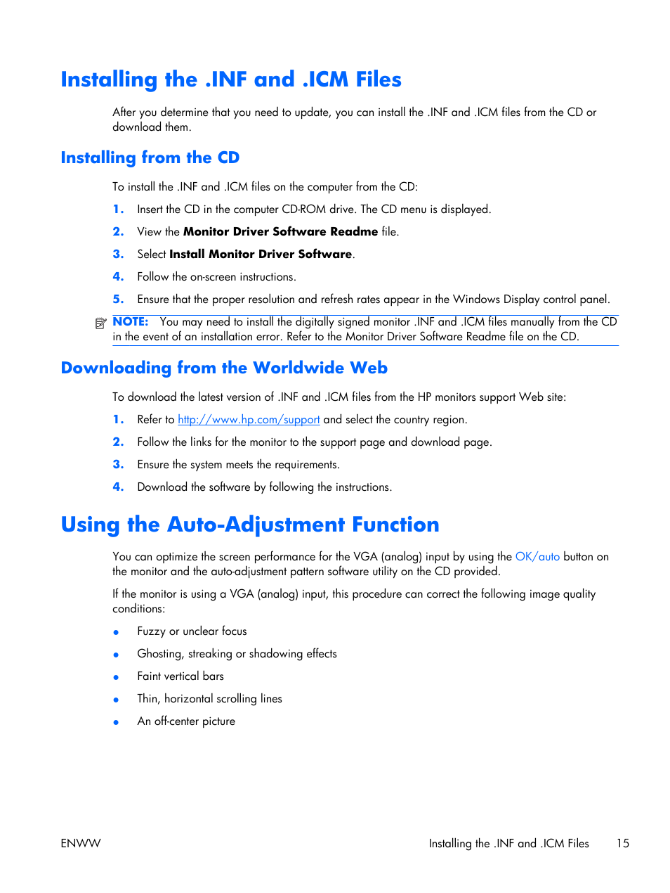 Installing the .inf and .icm files, Installing from the cd, Downloading from the worldwide web | Using the auto-adjustment function | HP LE2001w 20-inch Widescreen LCD Monitor User Manual | Page 23 / 50