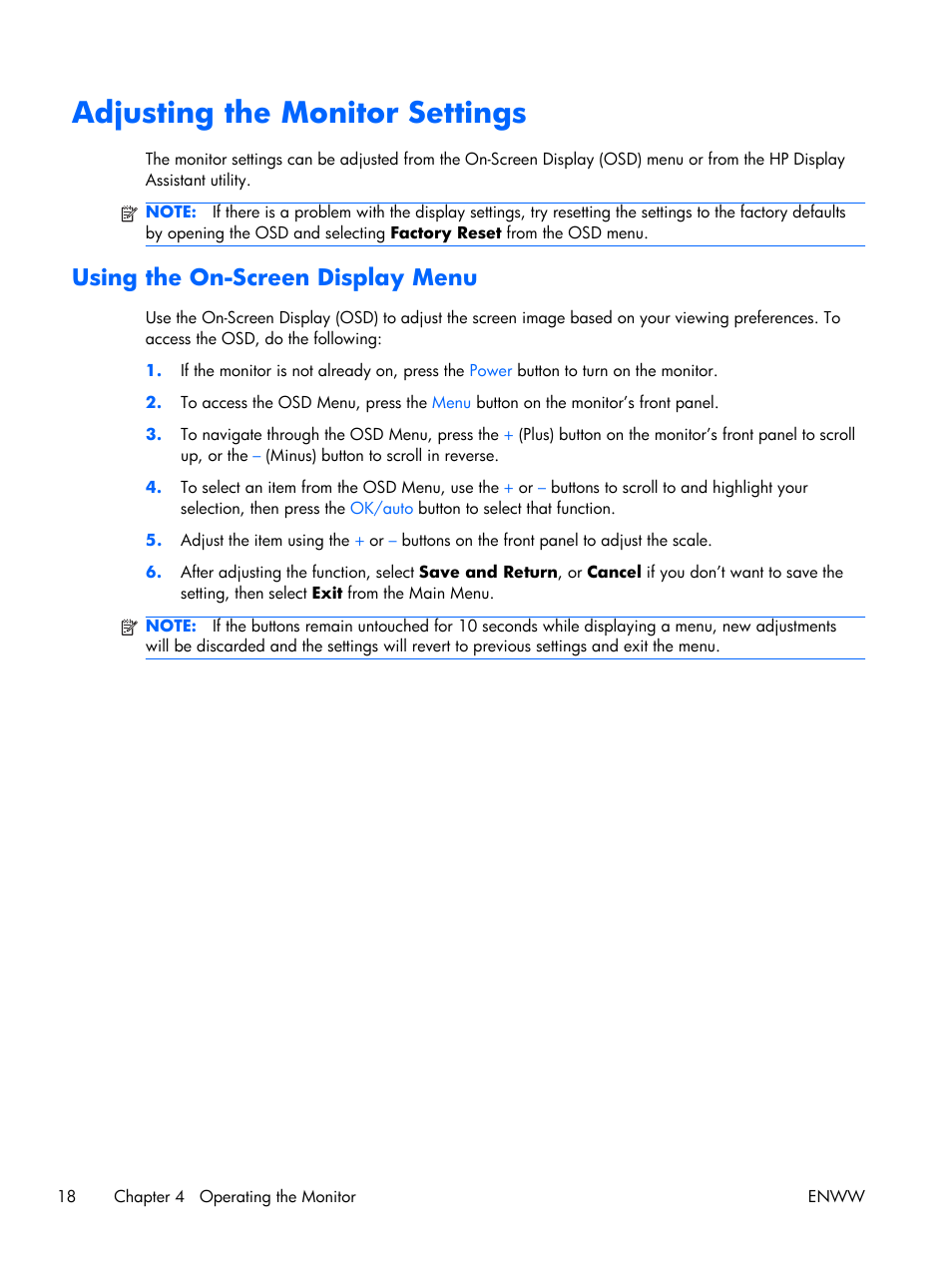 Adjusting the monitor settings, Using the on-screen display menu | HP LE2001w 20-inch Widescreen LCD Monitor User Manual | Page 26 / 50