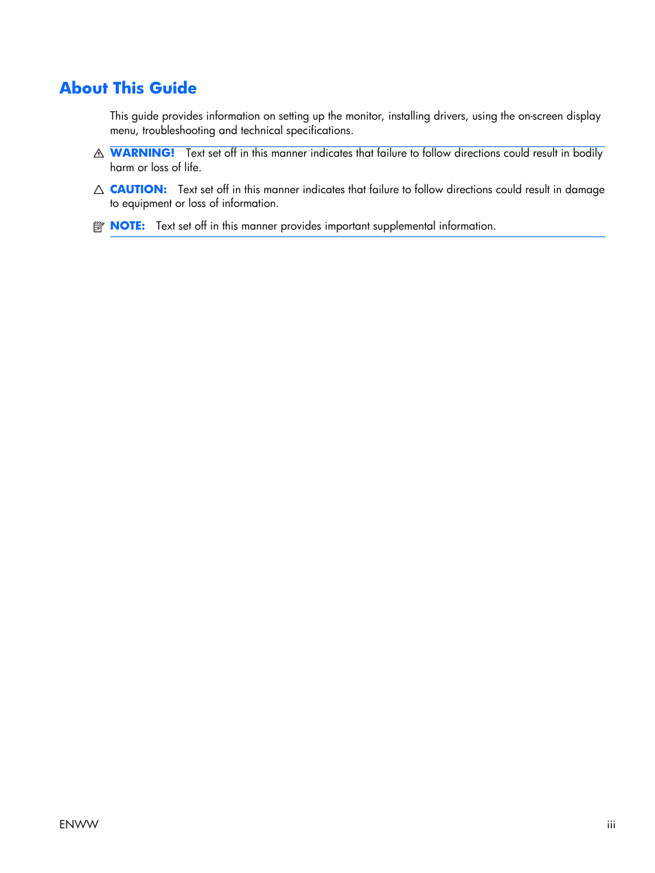 About this guide | HP LE2001w 20-inch Widescreen LCD Monitor User Manual | Page 3 / 50