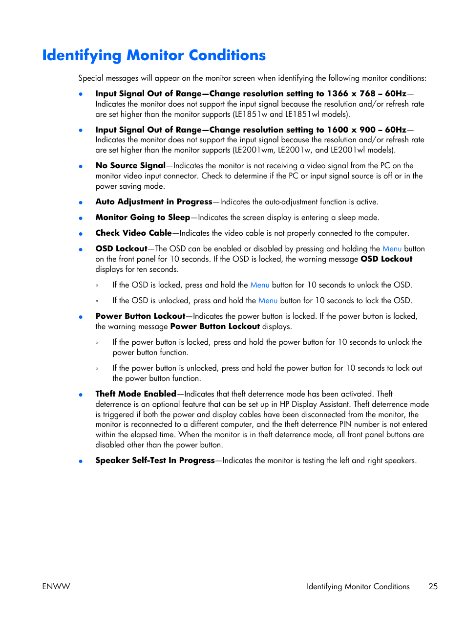 Identifying monitor conditions | HP LE2001w 20-inch Widescreen LCD Monitor User Manual | Page 33 / 50
