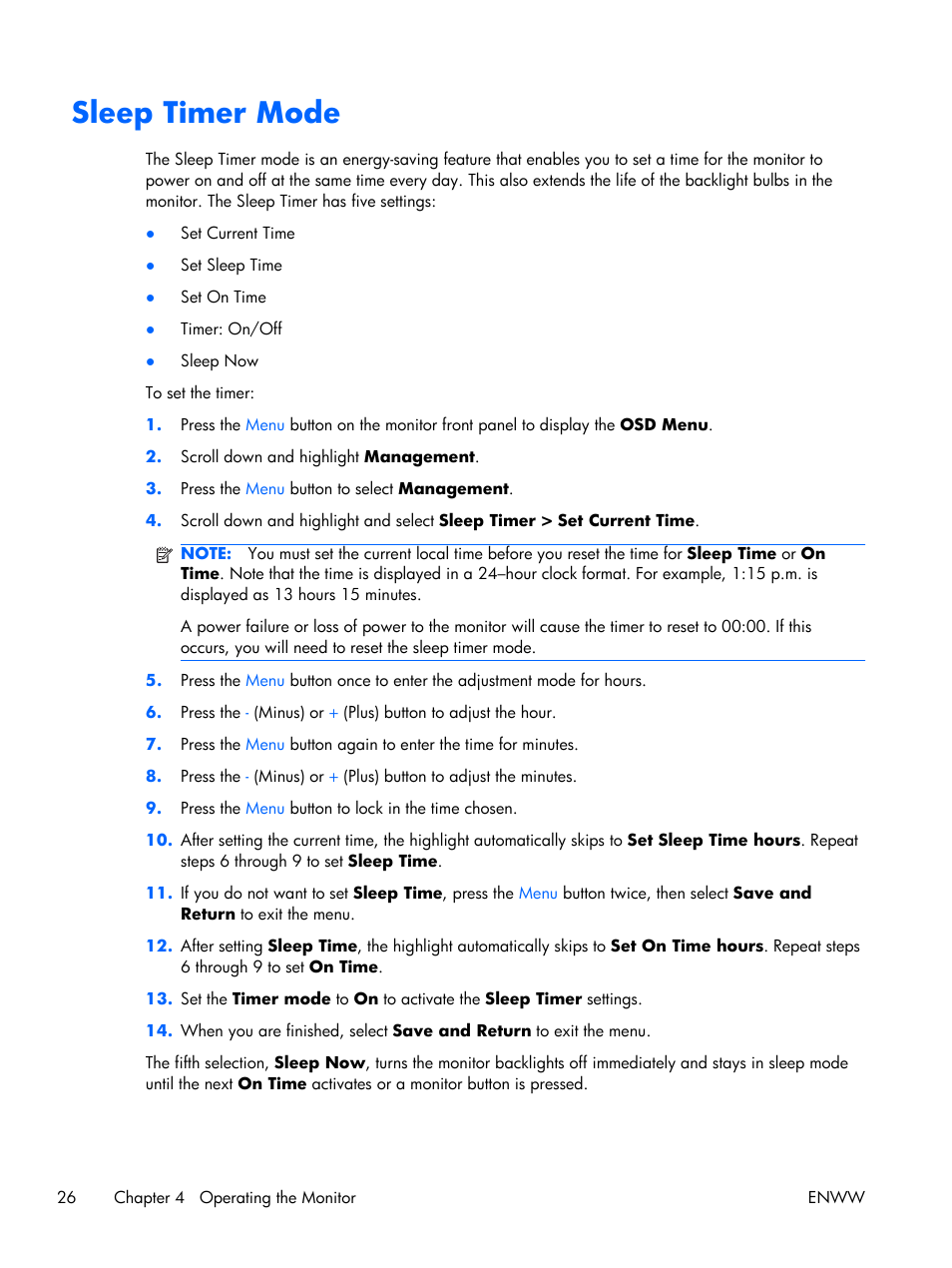 Sleep timer mode | HP LE2001w 20-inch Widescreen LCD Monitor User Manual | Page 34 / 50